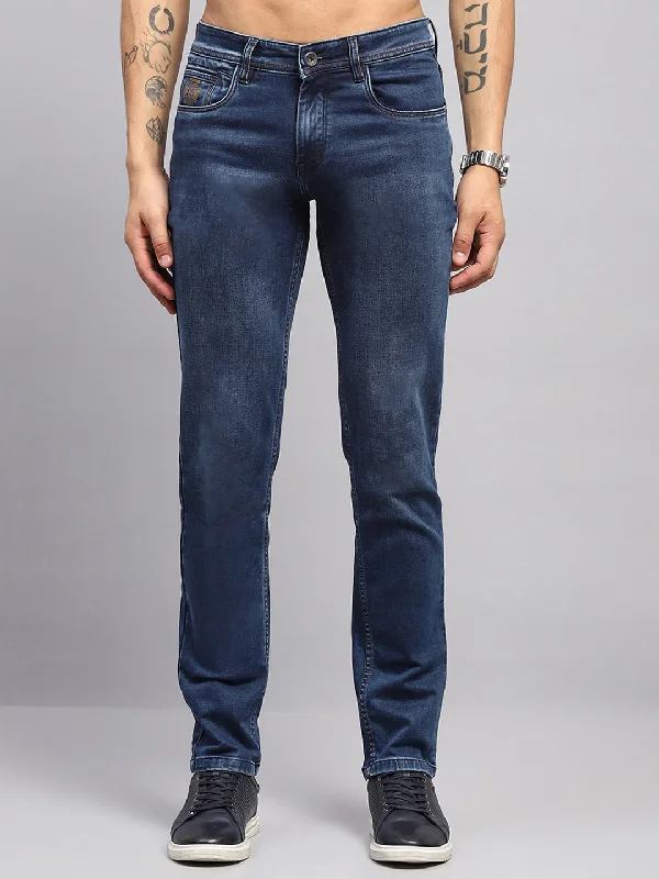 Men Blue Solid Narrow Fit Denim Polished Men's Satin