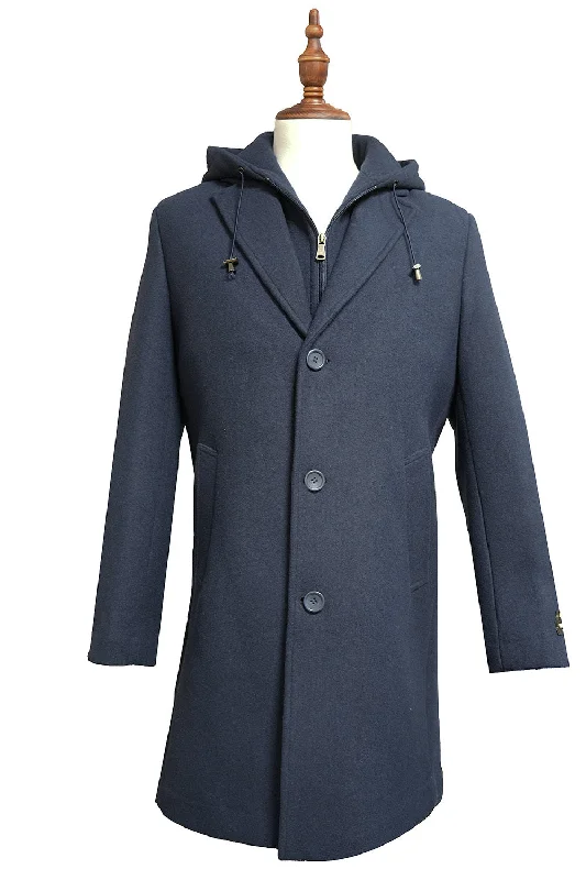 Navy Wool Slim Fit Top Coat with Hoodie Tough Men's Tactical