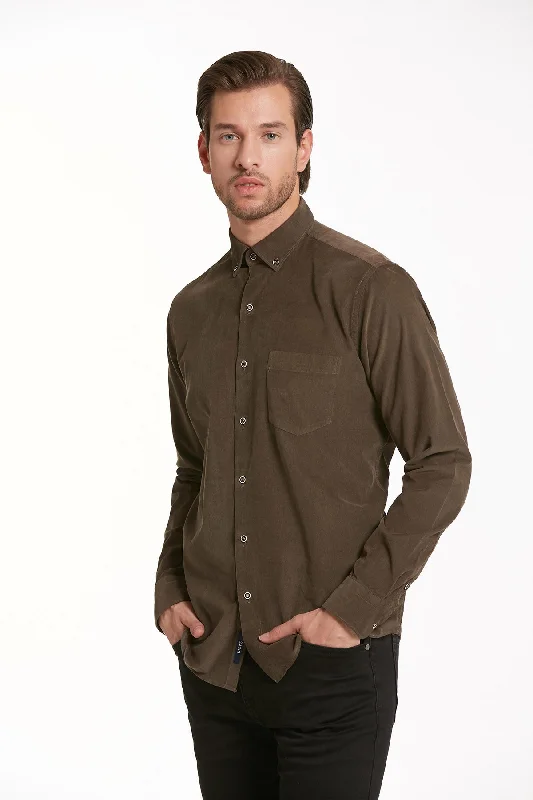 Comfort Fit Long Sleeve Cotton Brown Dress Shirt Street