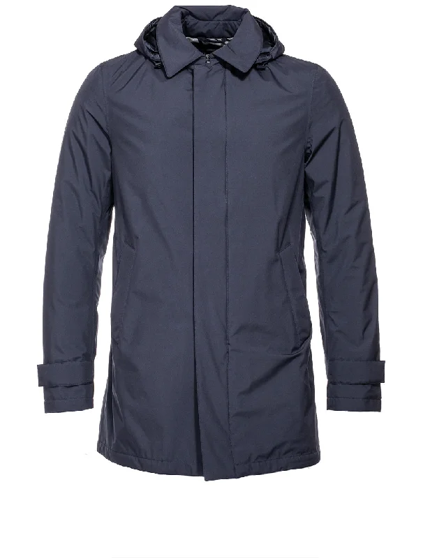 Navy Laminar Technical Fabric Down Jacket with Detachable Hood Blue British Gentleman Style