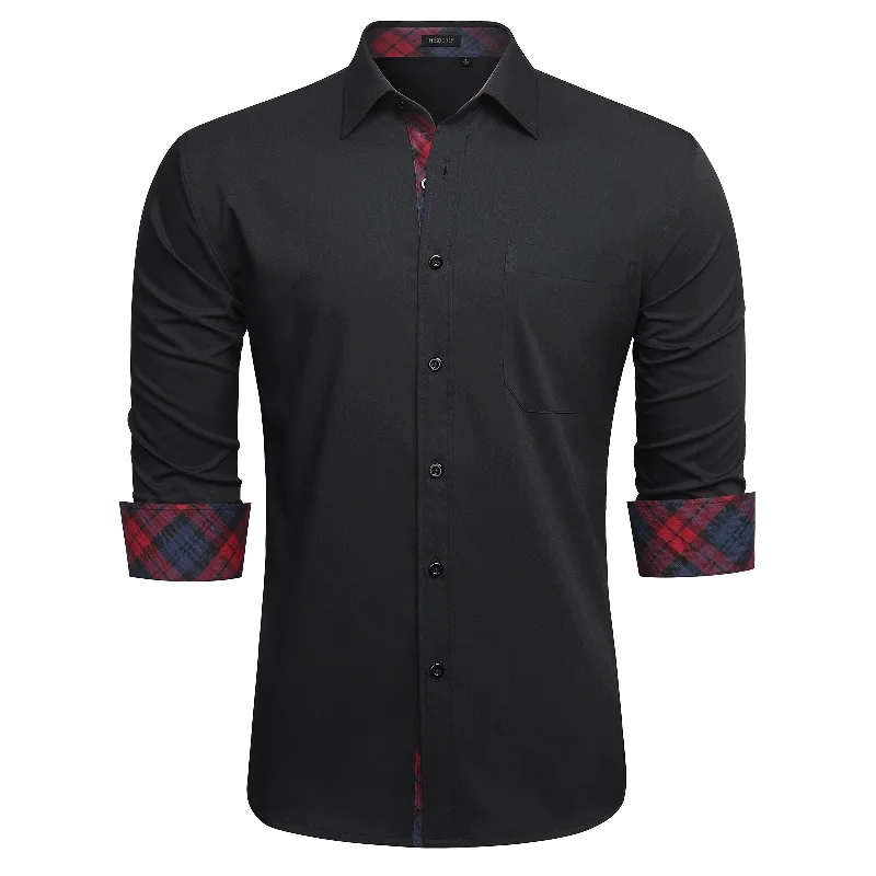 Men's Patchwork Dress Shirt Long Sleeve Button Down Casual Shirt - 04-BLACK/RED Unique Men's Patch