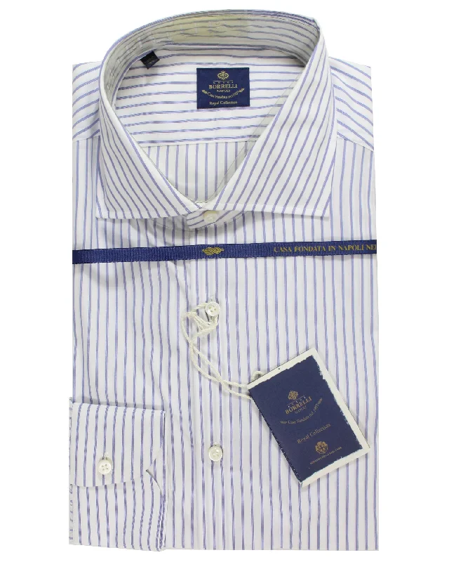 Luigi Borrelli Dress Shirt White Navy Quadruple Stripes Design 43 - 17 Royal Collection SALE Polished Men's Silk