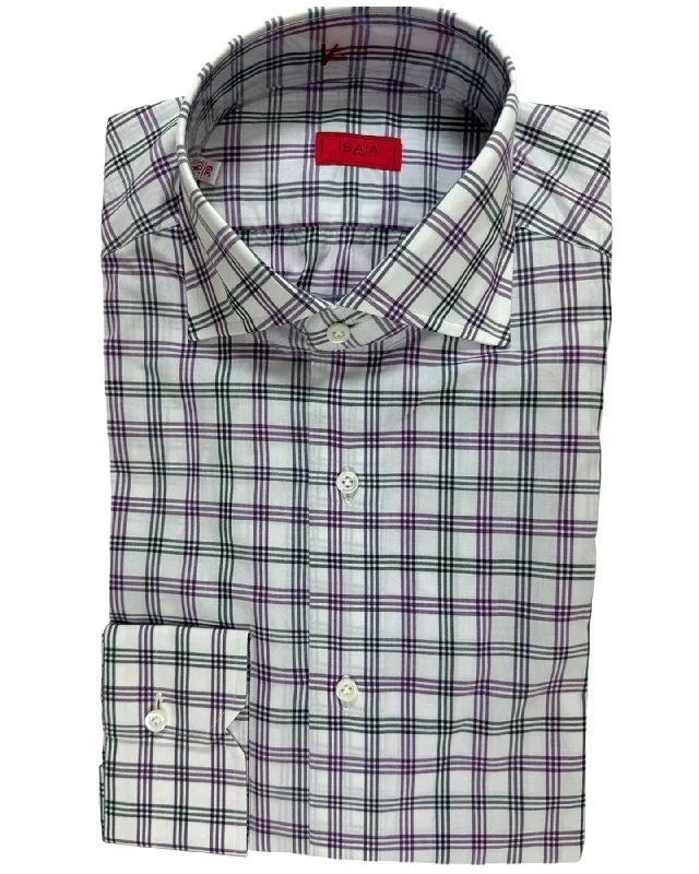 Isaia Shirt White Purple Glen Check 39 - 15 1/2 Regular Fit Modern Men's 