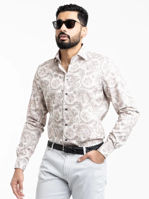 White/Brown Paisley Dobby Shirt Cozy Men's Winter