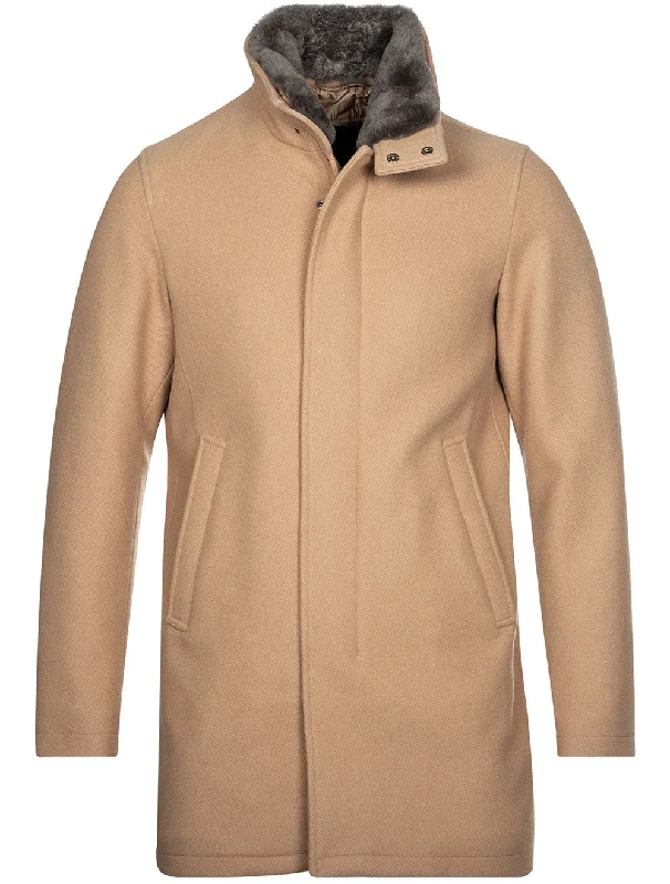 Beaver Fur Collar Car Coat Camel Elegant Men's Formal 