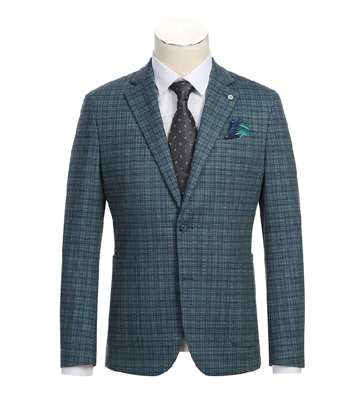 Half Canvas Slim Fit Blazer in Green Blue Check Earthy Men's Hemp