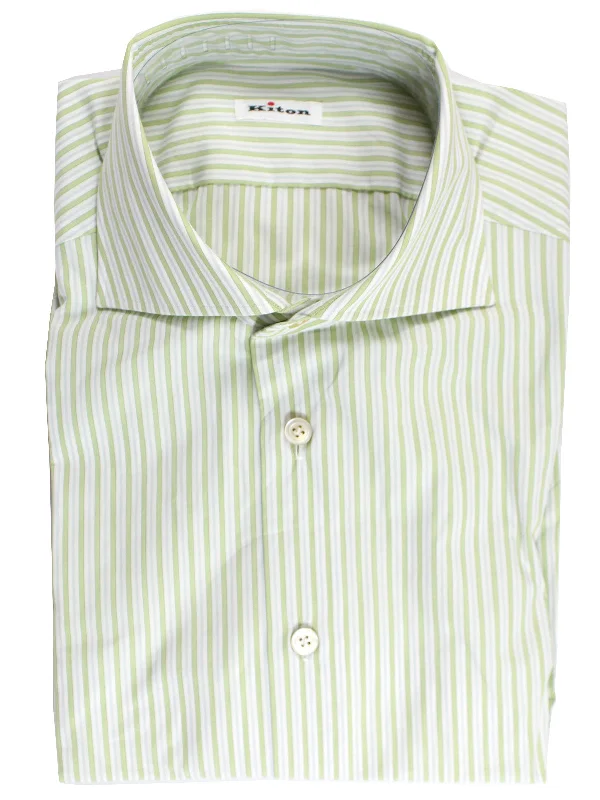 Kiton Dress Shirt White Green Stripes Spread Collar 41 - 16 REDUCED - SALE Laid