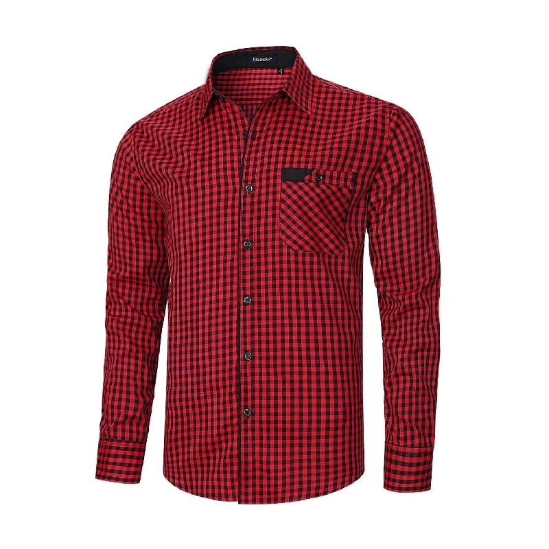 Men's Casual Long Sleeve Plaid Shirt - A-RED Unique Men's Patch