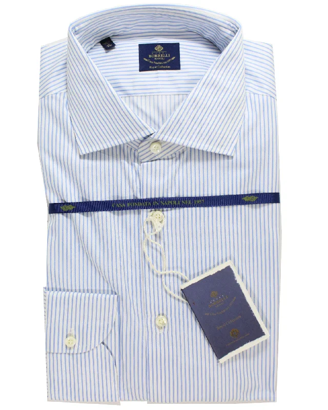 Luigi Borrelli Dress Shirt White Blue Stripes 44 - 17 1/2 Royal Collection Hip Men's Urban