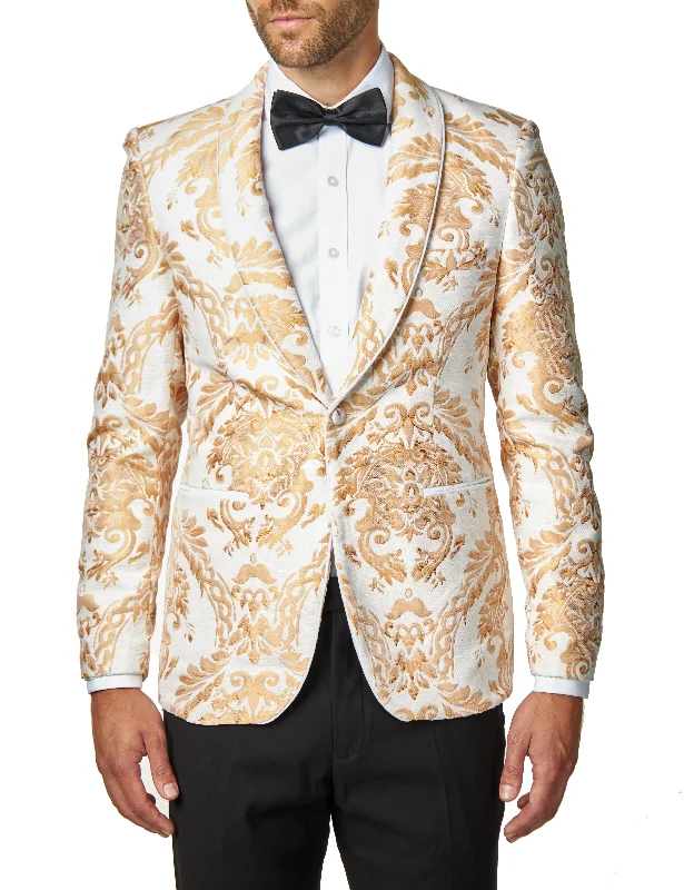 GLEN - Peach Paisley Brocade Print on Ivory Cream Jacquard Jacket Stylish Men's Tropical 