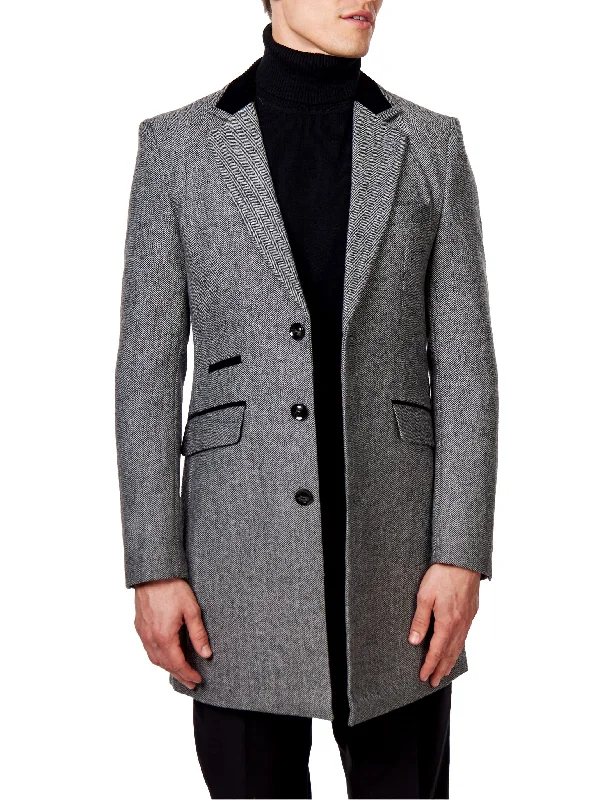 COSMO – HERRINGBONE WOOL BLEND LONG OVERCOAT IN GREY Elegant Men's Formal 