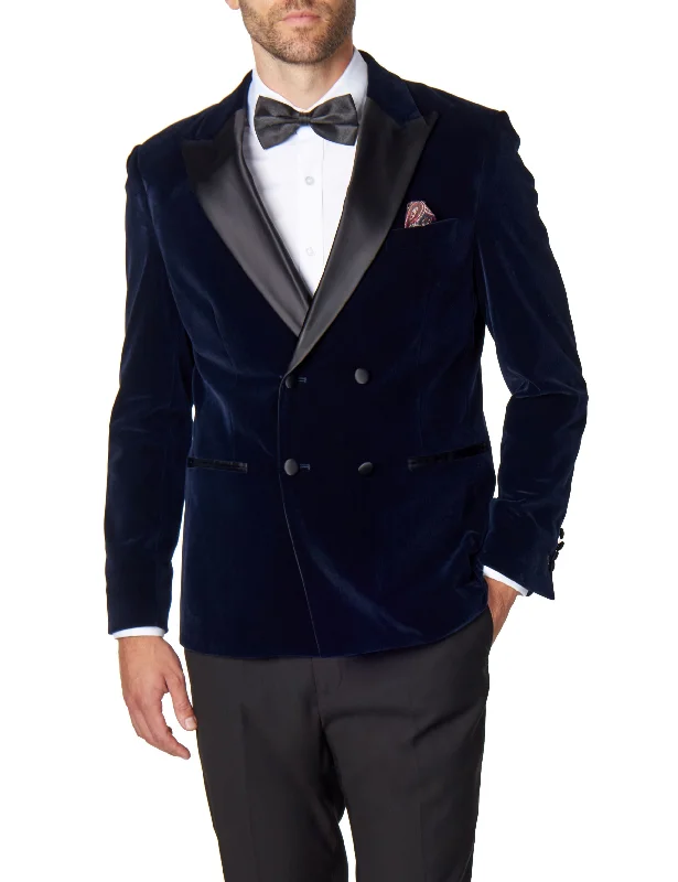 SMITH-NAVY TUXEDO DOUBLE BREASTED VELVET BLAZER Stylish Men's Neon