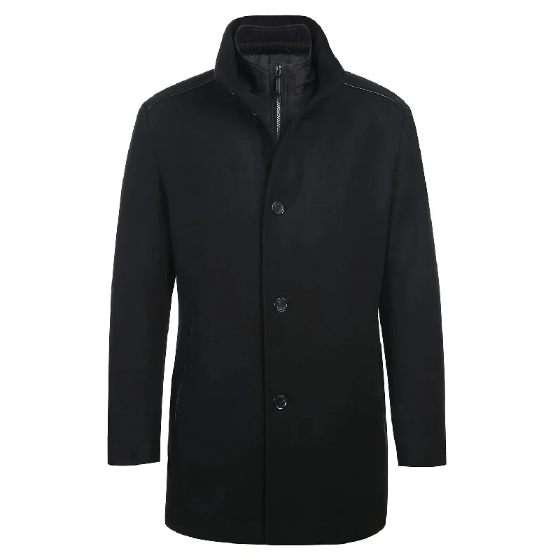 English Laundry Black Slim Fit Wool Blend Short Coat with Detachable Full Zipper Laid