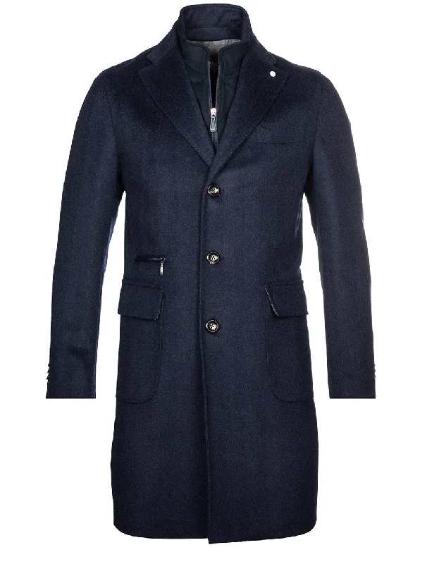 Herringbone Overcoat With Insert Navy Traditional Men's Wool