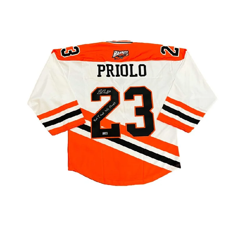 Steve Priolo Signed Buffalo Bandits White ProJoy Jersey with Back 2 Back NLL Champs Earthy Men's Hemp