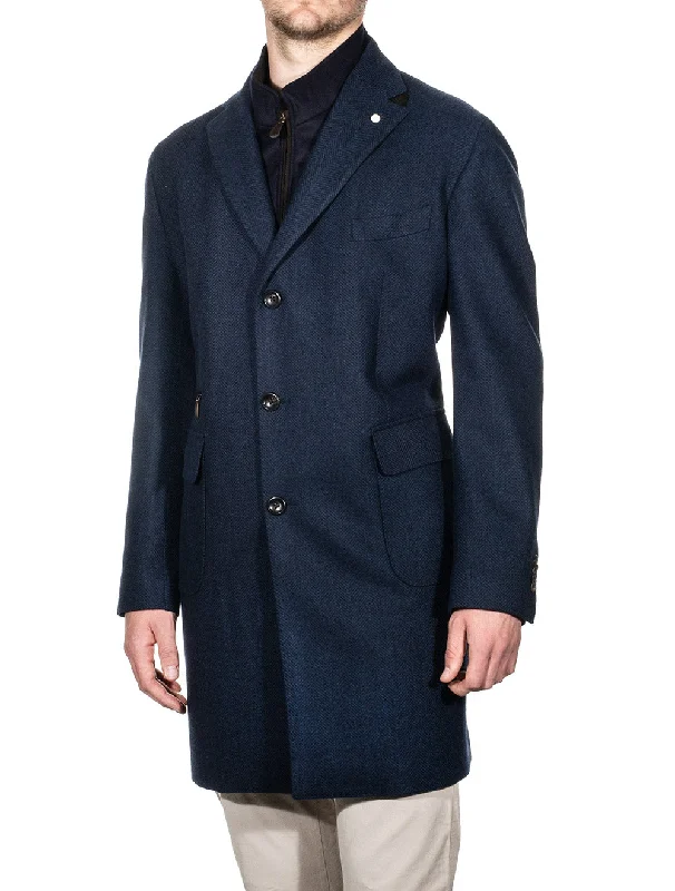 Herringbone Overcoat With Zip Insert Blue Sporty Men's Athleisure 