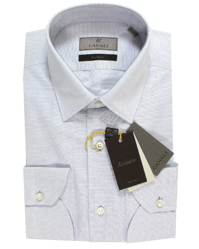 Canali Dress Shirt 40 - 15 3/4 White Gray-Blue Pointed Collar - Exclusive Collection Polished Men's Silk