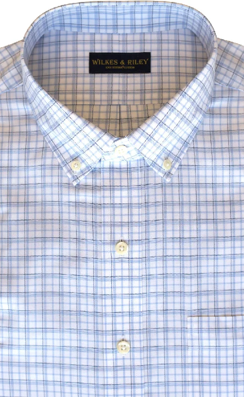 Classic Fit Blue / Navy Twill Check Button-Down Collar Supima® Cotton Non-Iron Sport Shirt Unique Men's Upcycled