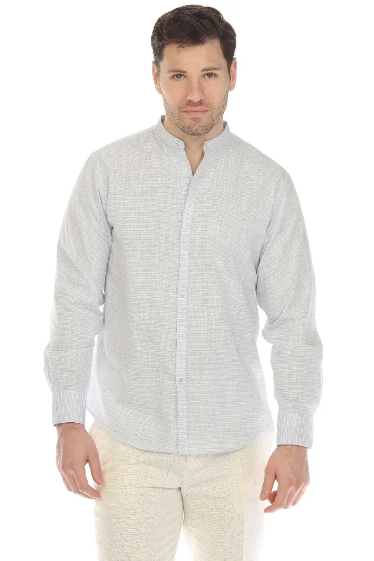 Men's Causal Mandarin Collar Pinstripe Shirt 100% Linen Long Sleeve Button Down Casual Men's Japanese 