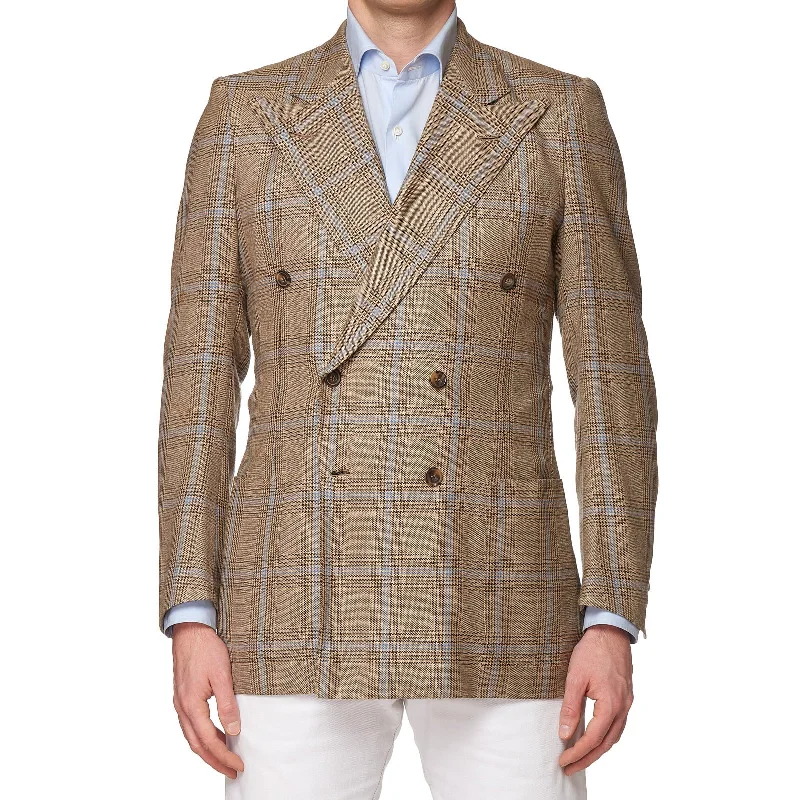 RUBINACCI LH Handmade Bespoke Beige Plaid Wool-Silk-Cashmere DB Jacket EU 50 US 40 Tailored