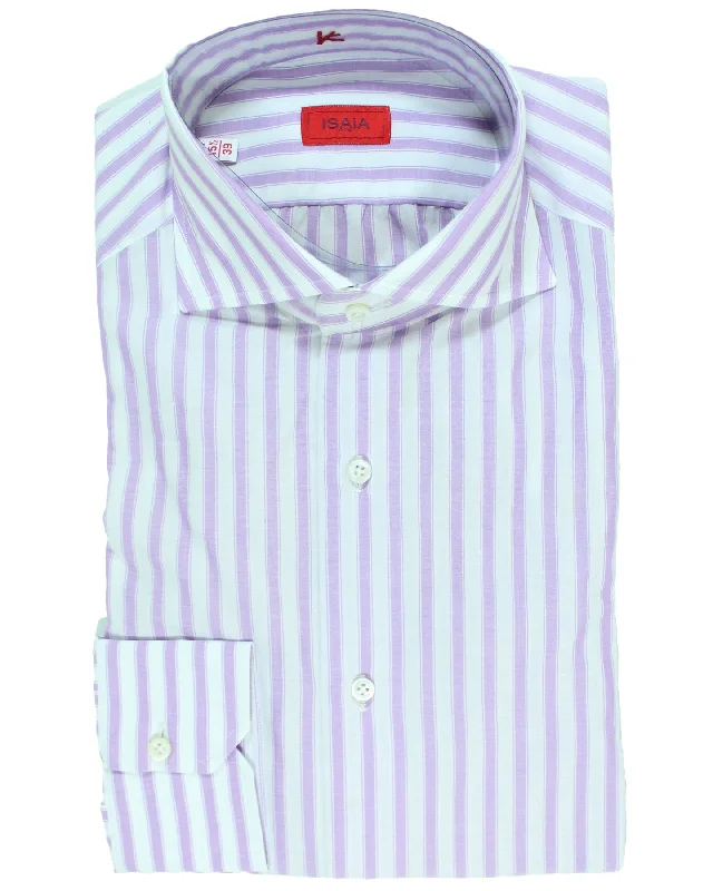 Isaia Dress Shirt White Lilac Stripes 39 - 15 1/2 Regular Fit Dapper Men's Bow