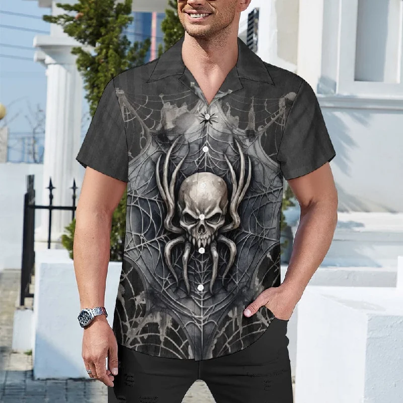 Mens Skull Spider Black Cuban Collar Dress Shirt Stylish Men's Tropical 