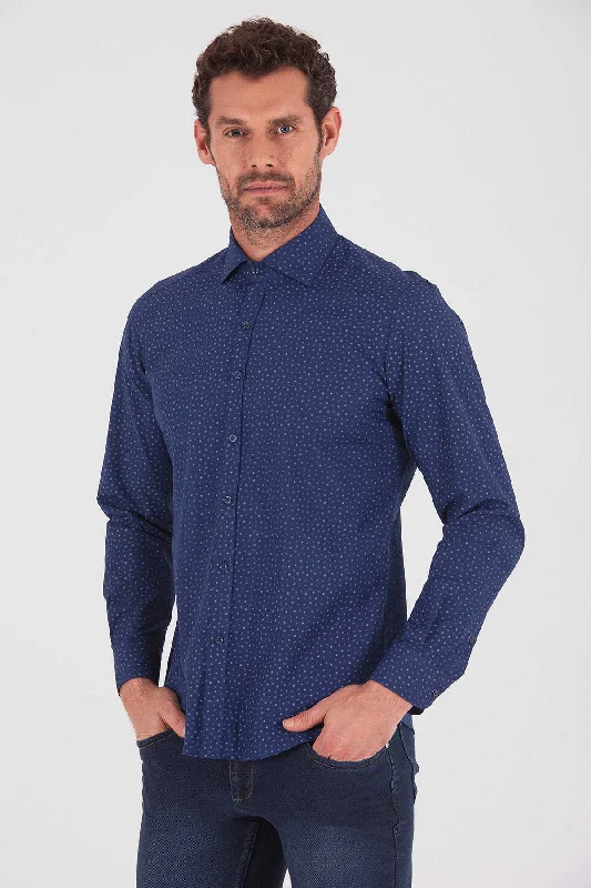 Slim Fit Long Sleeve Printed Cotton Blend Navy Dress Shirt Organic