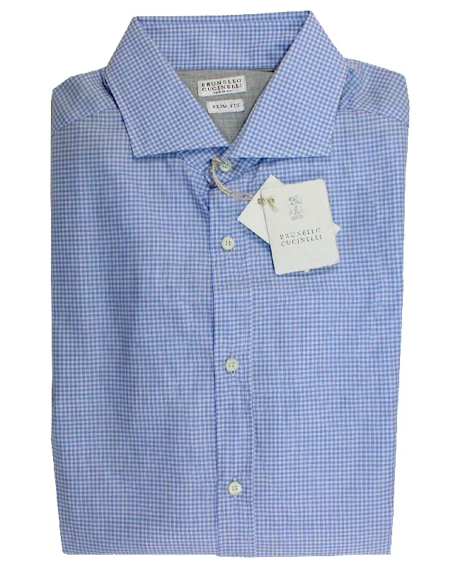 Brunello Cucinelli Dress Shirt White Blue Check - Slim Fit XXL SALE Classic Men's Pin