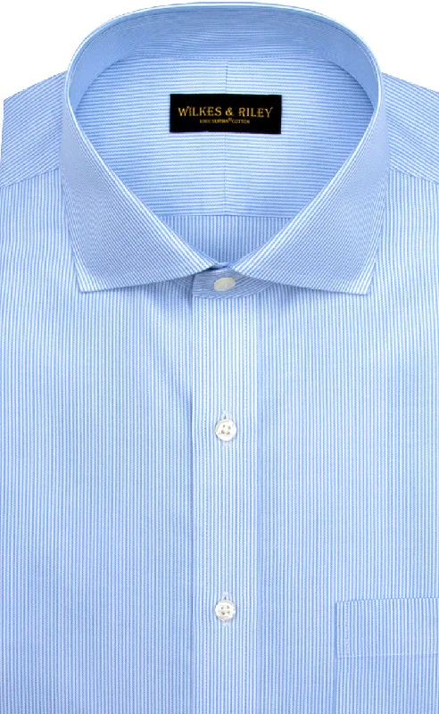 Tailored Fit Blue Twill Stripe English Spread Collar Supima® Cotton Non-Iron Dress Shirt Sharp Men's Italian