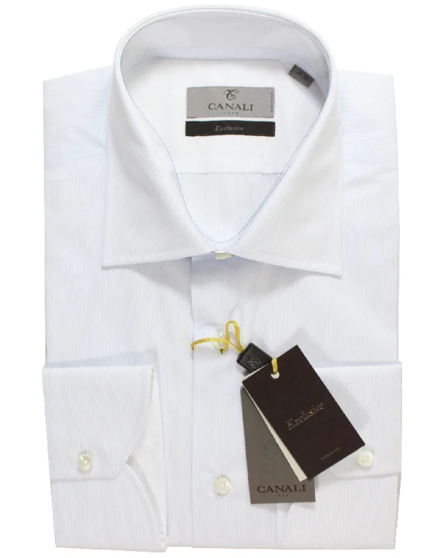 Canali Dress Shirt White Blue Micro Stripes Design - Exclusive Collection 41 - 16 Bold Men's Animal