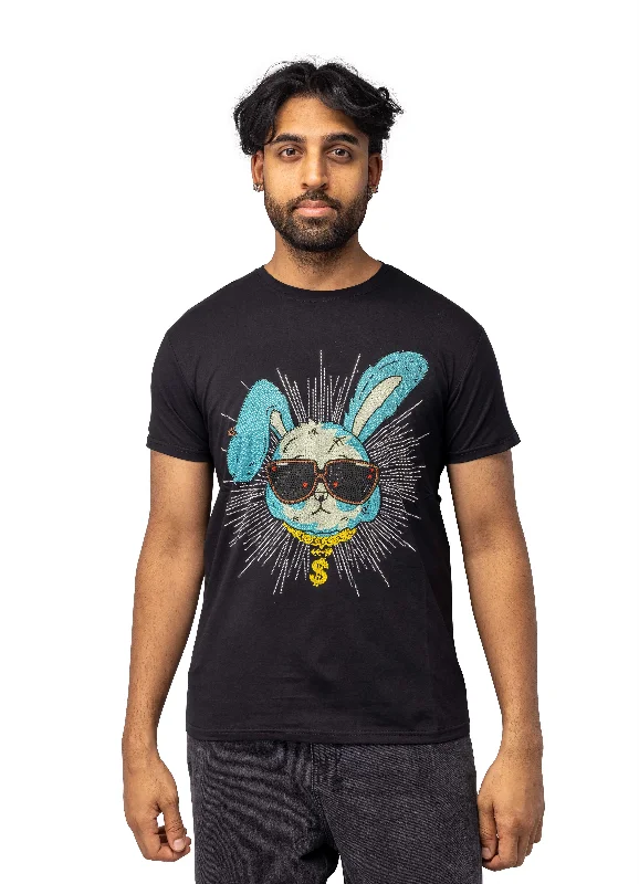 Heads or Tails Men's Slim Fit Crewneck Rhinestone Studded Graphic Printed T-Shirt Stone Tee Blue Rabbit With Money Chain Athletic Men's Compression