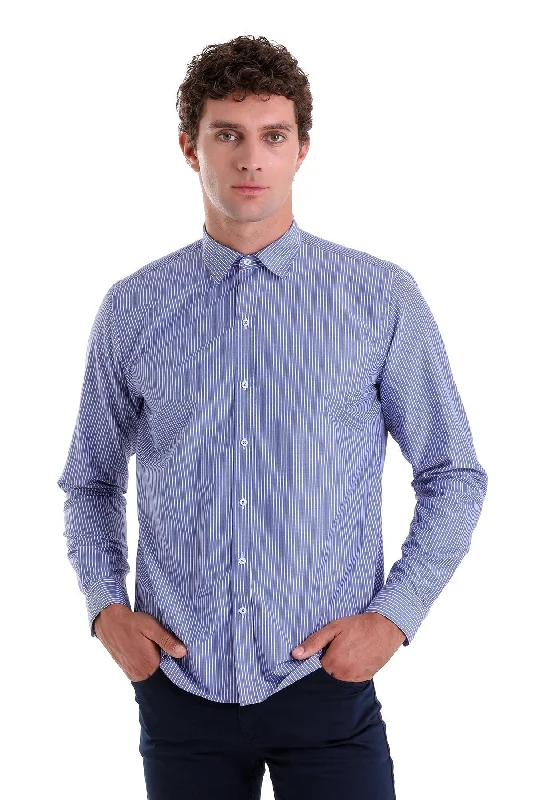 Comfort Fit Striped Cotton Blend Navy Dress Shirt Masculine Men's Thick