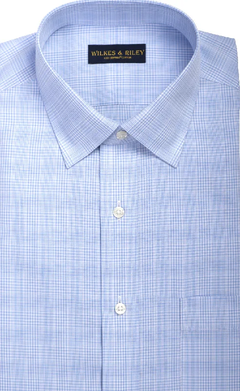 Classic Fit Light Blue Glen Plaid Spread Collar  Supima® Cotton Non-Iron Broadcloth Dress Shirt Modern Men's Geometric