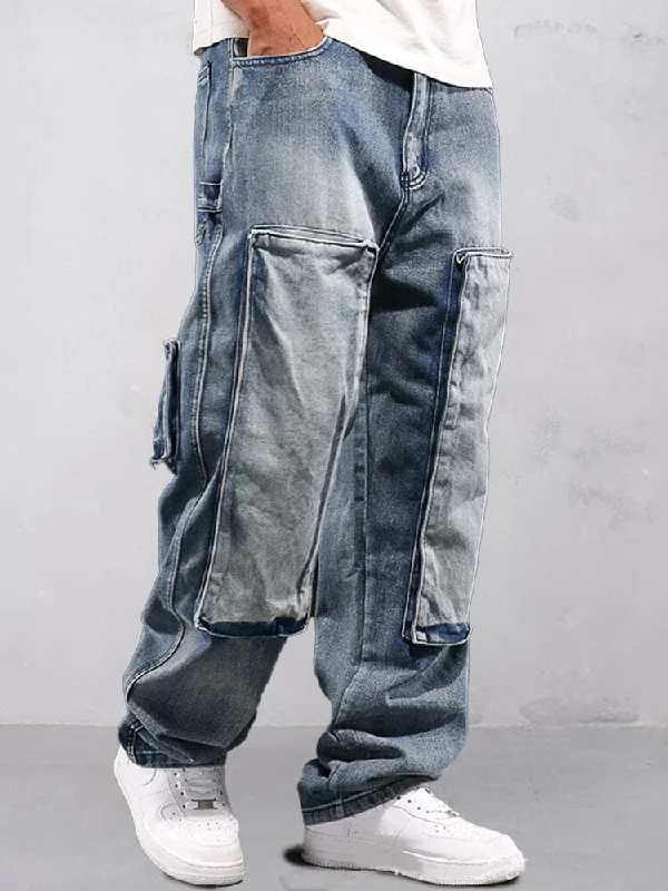 Utility Cargo Denim Jeans Stylish Men's Neon