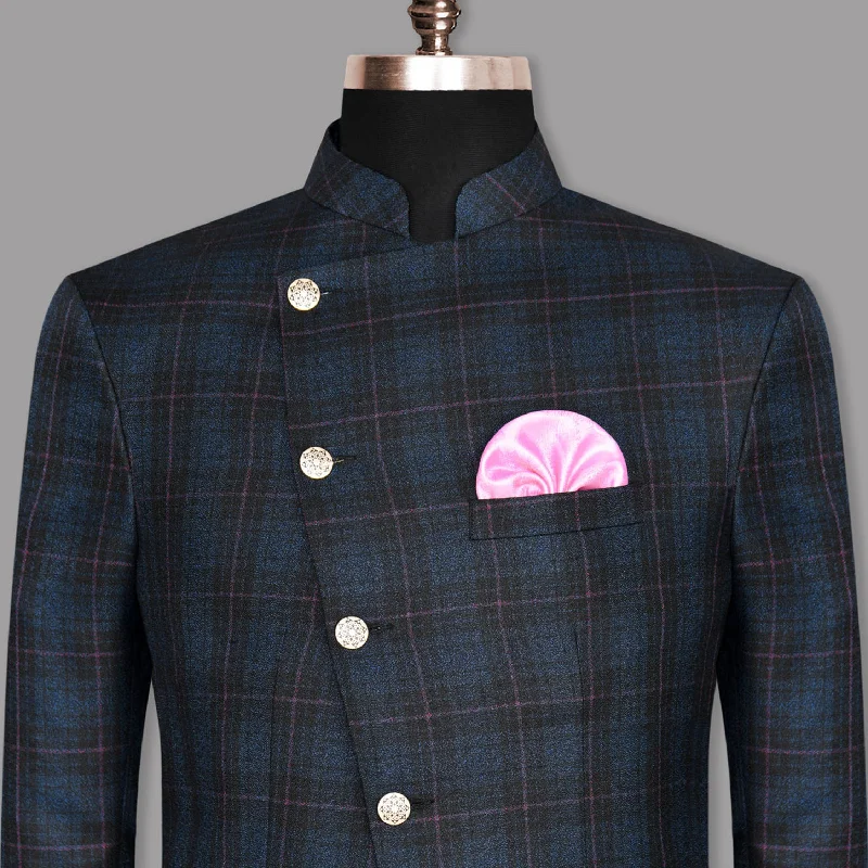 Jade Black with Blue Plaid and red windowpane Cross Placket Bandhgala/Mandarin Wool-Silk blend Blazer Classic Men's Pin