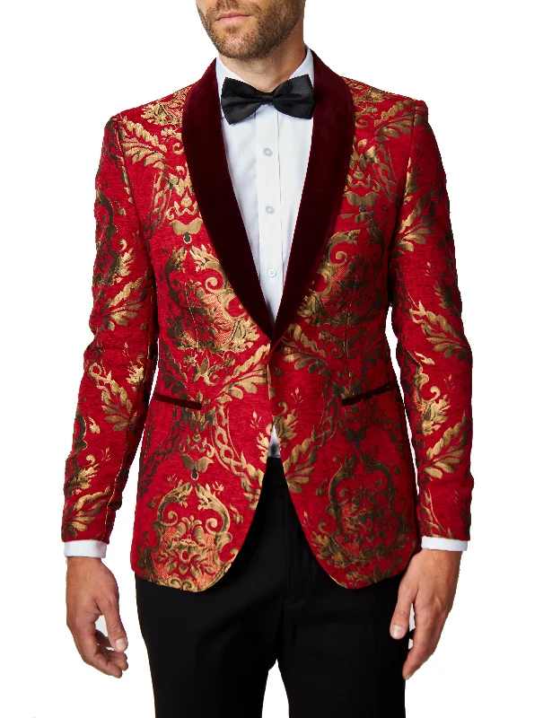 GLEN - Gold Brocade Paisley on Crimson Red Jacquard Dinner Jacket Confident Men's High