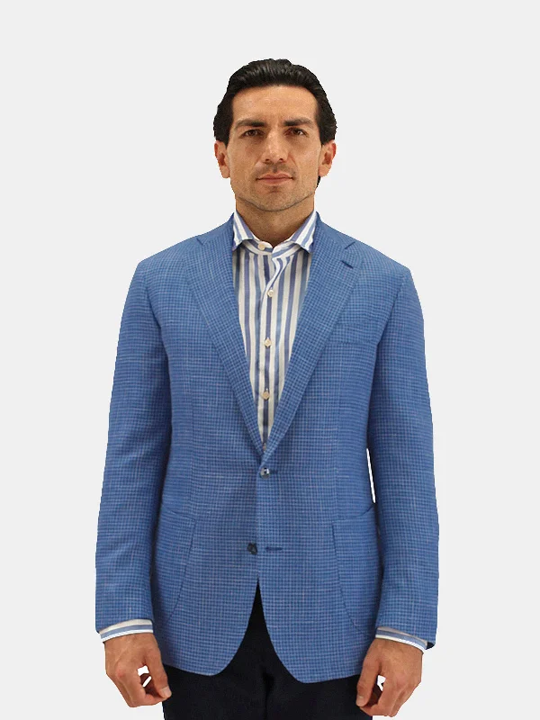 Lago Blazer Wool Silk & Linen Houndstooth Caruso Blue Cool Men's Distressed