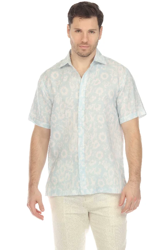 100% Linen Short Sleeve Abstract Bloom Print Shirt Street