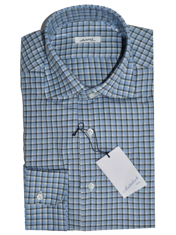 Mattabisch Shirt Blue Black White Check Design - Flannel Cotton 40 - 15 3/4 REDUCED - SALE Sleek Men's Contemporary 