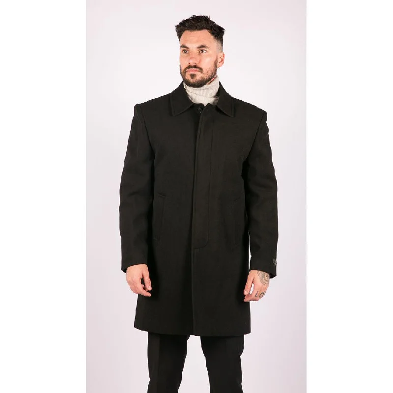 Mens Black Wool Overcoat Jacket Smart Formal 3/4 Trench Retro Vintage 1920s Business