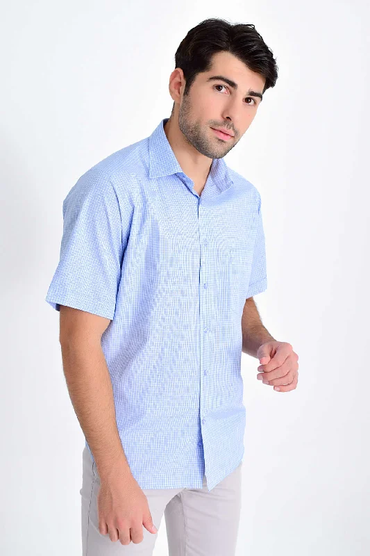 Classic Fit Plaid Cotton Blend Light Blue Dress Shirt Stylish Men's Tropical 