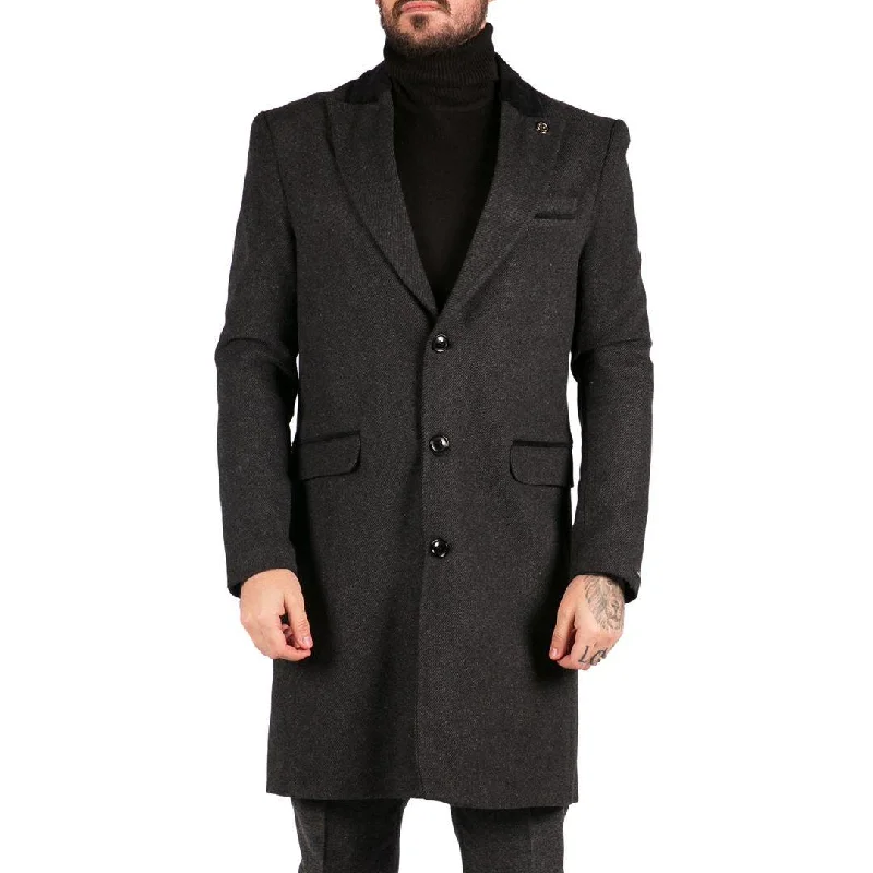 Mens 3/4 Long Overcoat Jacket Herringbone Tweed Coat Peaky Blinders Fit Modern Men's Tech