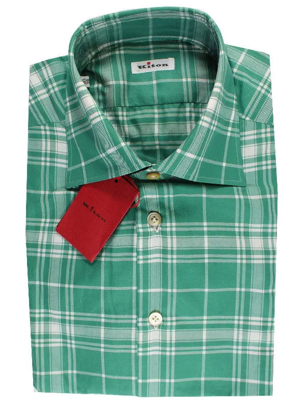 Kiton Sport Shirt White Green Plaid 45 - 18 REDUCED SALE Cclassic Men's Tweed