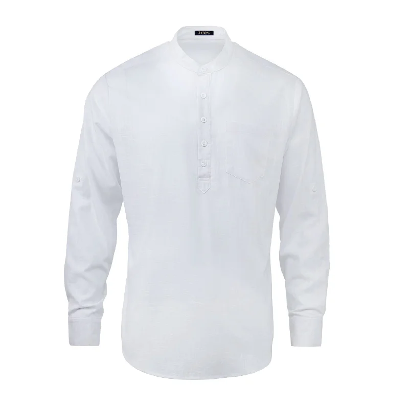 Men‘s Henley Shirt  Cotton Linen with Pocket - WHITE Traditional Men's Wool