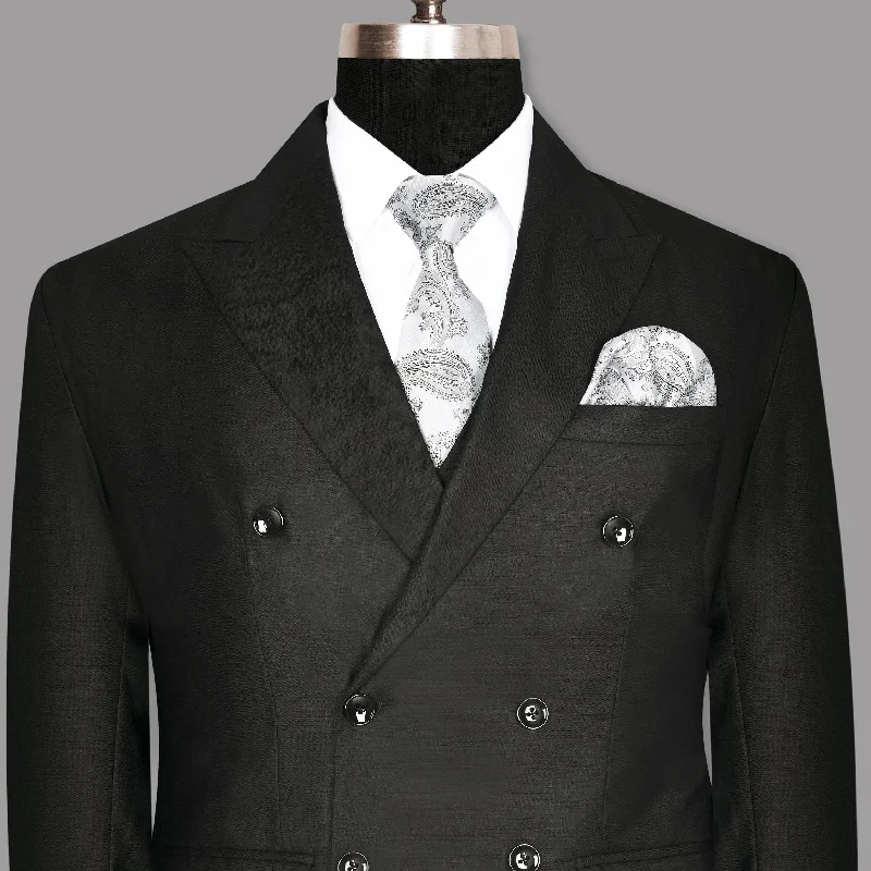 Jade Black Subtle Windowpane Wool Blend Double Breasted Blazer Monochromatic All