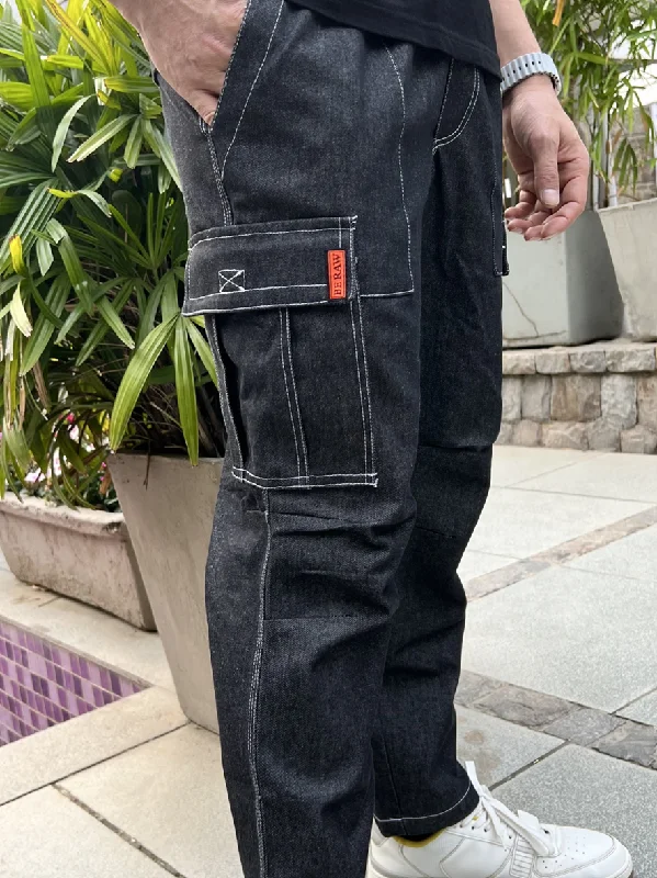 BLACK ELASTICATED DENIM CARGO PANTS Confident Men's High