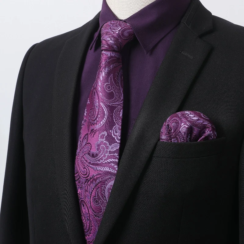 Men's Shirt with Tie Handkerchief Set - 09-PURPLE Hip Men's Urban