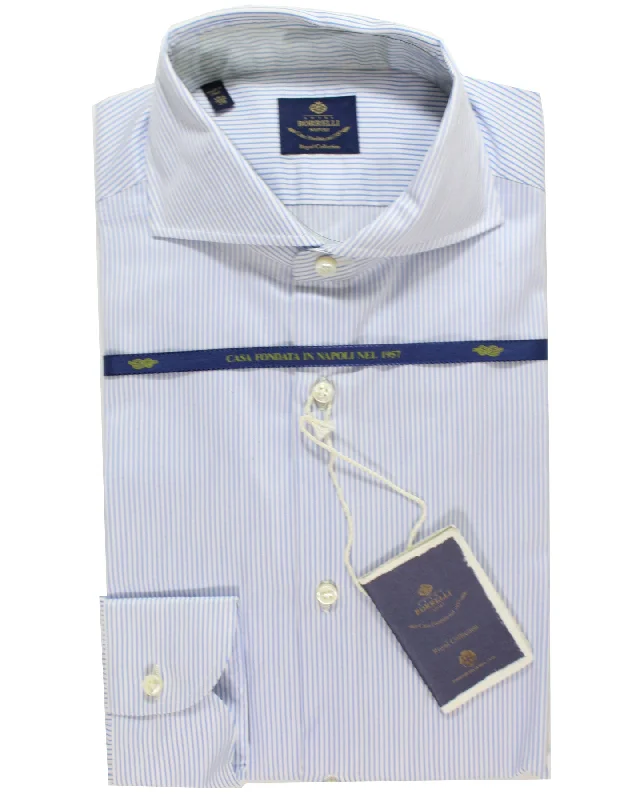 Luigi Borrelli Dress Shirt ROYAL COLLECTION - White Blue Stripes 39 - 15 1/2 Cutaway Collar Sleek Men's Contemporary 