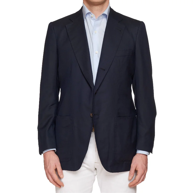 RUBINACCI LH Handmade Bespoke Blue Cashmere-Silk Jacket with Elbow Patch EU 50 US 40 Sporty Men's Athleisure 