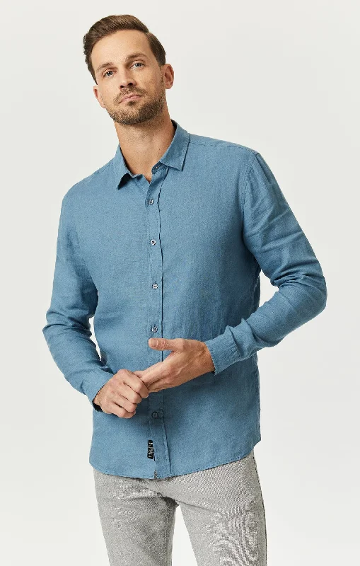 LINEN BUTTON-UP SHIRT IN BLUESTONE Cozy Men's Winter